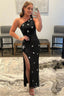 Sparkly Sequins Black One Shoulder Long Prom Dresses with Stars