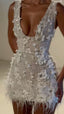 Sparkly Sheath V Neck White Feathers Beaded Wedding Dress Short Bridal Gowns Wedding Dresses