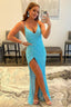 Sparkly Sky Blue Sequins Lace Up Long Prom Dresses with Slit