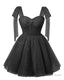Sparkly Starry Black Tulle Short Homecoming Dress Spaghetti Bow Straps Prom Dress Sequin Cocktail Prom Dresses for Teens