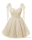 Sparkly Starry Light Champagne Tulle Short Homecoming Dresses Spaghetti Bow Straps Prom Dress Sequin Cocktail Party Dress for Teens