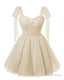 Sparkly Starry Light Champagne Tulle Short Homecoming Dress Spaghetti Bow Straps Prom Dress Sequin Cocktail Prom Dresses for Teens