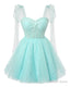 Sparkly Starry Mint Green Tulle Short Homecoming Dress Spaghetti Bow Straps Prom Dress Sequin Cocktail Prom Dresses for Teens