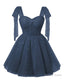 Sparkly Starry Navy Blue Tulle Short Homecoming Dress Spaghetti Bow Straps Prom Dress Sequin Cocktail Prom Dresses for Teens