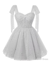 Sparkly Starry Silver Gray Tulle Short Homecoming Dresses Spaghetti Bow Straps Prom Dress Sequin Cocktail Party Dress for Teens