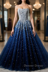 Sparkly Strapless Blue Prom Dresses, Strapless Blue Long Formal Evening Dresses