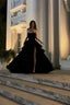 Sparkly Stunning Black Sequined Sleeveless Strapless Long Prom Dresses With Split