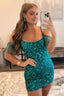 Sparkly Turquoise Tight Sequins Short Homecoming Dresses with Fringes