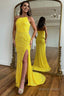 Sparkly Yellow Detachable Straps Mermaid Sequins Prom Dresses with Slit