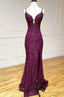 mermaid trumpet spaghetti straps grape lace beaded long Prom Dress