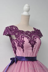 Square Cap Sleeves Knee-Length Purple Homecoming Dress With Sash