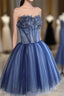 Charming Blue Lace Tule A Lin Short Prom Dress, Homecoming Dresses