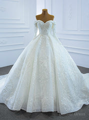 Stand Out With White Tulle Embrodiery Appliques Off the Shoulder Long Sleeve Beading Sequins Wedding Dress