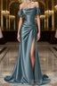 Steel Blue Silk Prom Dress Corset Back Wedding Dresses with Off The Shoulder Design Plus Size