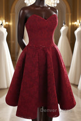 Strapless Backless Burgundy Lace Short Prom Dresses, Short Burgundy Lace Homecoming Dresses