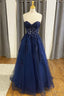 Strapless Blue Lace Long Prom Dress, Navy Blue Lace Long Prom Dresses