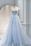 Strapless Blue Lace Prom Dress, Strapless Blue Lace Long Prom Dresses