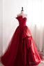 Strapless Burgundy Tulle Satin Long Prom Dresses, Wine Red Long Fomal Gown