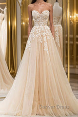 Strapless Champagne Lace Tulle Long Prom Dresses, Champagne Lace Formal Evening Dresses