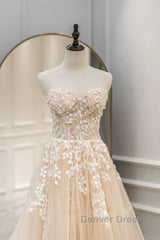 Strapless Champagne Lace Tulle Long Prom Dresses, Champagne Lace Formal Evening Dresses