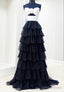 Strapless Chiffon Ruffle Long Prom Dresses with Keyhole in Bodice
