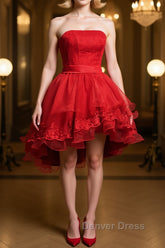 Strapless High Low Red Lace Prom Dresses, High Low Red Homecoming Dresses, Short Red Lace Formal Graduation Evening Dresses