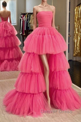 Strapless Hot Pink High Low Prom Dresses, Hot Pink High Low Formal Homecoming Dresses