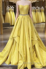 Strapless Open Back Fluffy Yellow Satin Long Prom Dresses, Layered Yellow Formal Evening Dresses