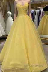 Strapless Open Back Sequins Yellow Prom Dresses, Shiny Yellow Formal Graduation Evening Dresses