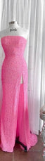 Strapless Pink Sequins Prom Dress with Slit,Sparkly White Night Dresses Prom Event