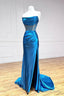 Strapless Pleated Blue Long Prom Dresses, Blue Long Formal Evening Dresses