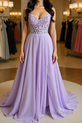 Strapless Purple Tulle Lace Long Prom Dresses, Lavender Lace Formal Dresses, Purple Evening Dresses