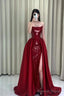 Strapless Red A Line Long Prom Dresses With Slit