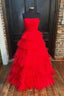 Strapless Red Tulle Long Prom Dress, Strapless Red Tulle Long Prom Dresses