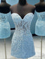 Strapless Short Blue Lace Prom Dress, Short Blue Lace Prom Homecoming Dresses