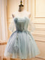 Strapless Short Green Tulle Prom Dress, Short Green Tulle Beaded Prom Graduation Dresses