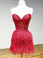 Strapless Short Pink Red White Purple Black Feather Prom Dresses, Short Feather Formal Homecoming Dresses