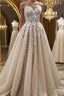 Strapless Sweetheart Neck Champagne Lace Appliques Long Prom Dress, Champagne Lace Floral Prom Dresses