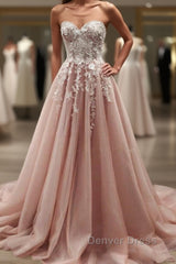 Strapless Sweetheart Neck Pink Lace Appliques Long Prom Dresses, Pink Lace Floral Formal Dresses, Pink Evening Dresses