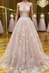 Strapless Sweetheart Neck Pink Lace Long Prom Dresses, Pink Lace Formal Graduation Evening Dresses