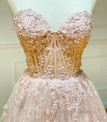 Strapless Sweetheart Neck Pink Lace Long Prom Dresses, Pink Lace Formal Graduation Evening Dresses