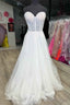 Strapless White Lace Corset Long Prom Dresses with Rhinestones