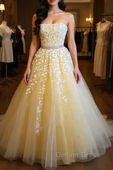 Strapless Yellow Lace Long Prom Dresses, Yellow Lace Formal Graduation Evening Dresses, Yellow Ball Gown