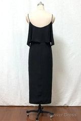 Straps Boho Black Tea Length Chiffon Bridesmaid Dress