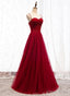Straps Dark Red Beaded Sweetheart Long Prom Dress, Junior Prom Dresses