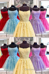Straps Lace Applique Blue Homecoming Dresses,Fuchsia Cocktail Dresses