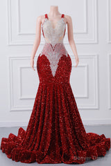 Straps Red Beading Sequin Prom Dresses Mermaid Long Party Dresses