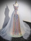 Straps Sequins Tulle Pleats Prom Dresses