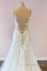 Stunning Long A-Line Tulle Sweetheart Appliques Lace Wedding Dresses