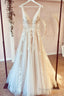 Stunning Long A Line V Neck Tulle Floral Lace Wedding Dresses